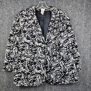 Covington Blazer Women 20-22W Black White Paisley Linen Blend‎ 3-Button Front
